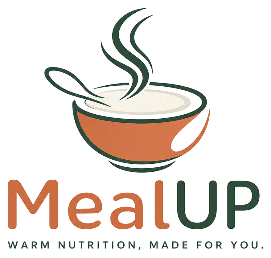 밀업 MealUP 로고. 김이 오르는 죽 한 그릇과 숟가락