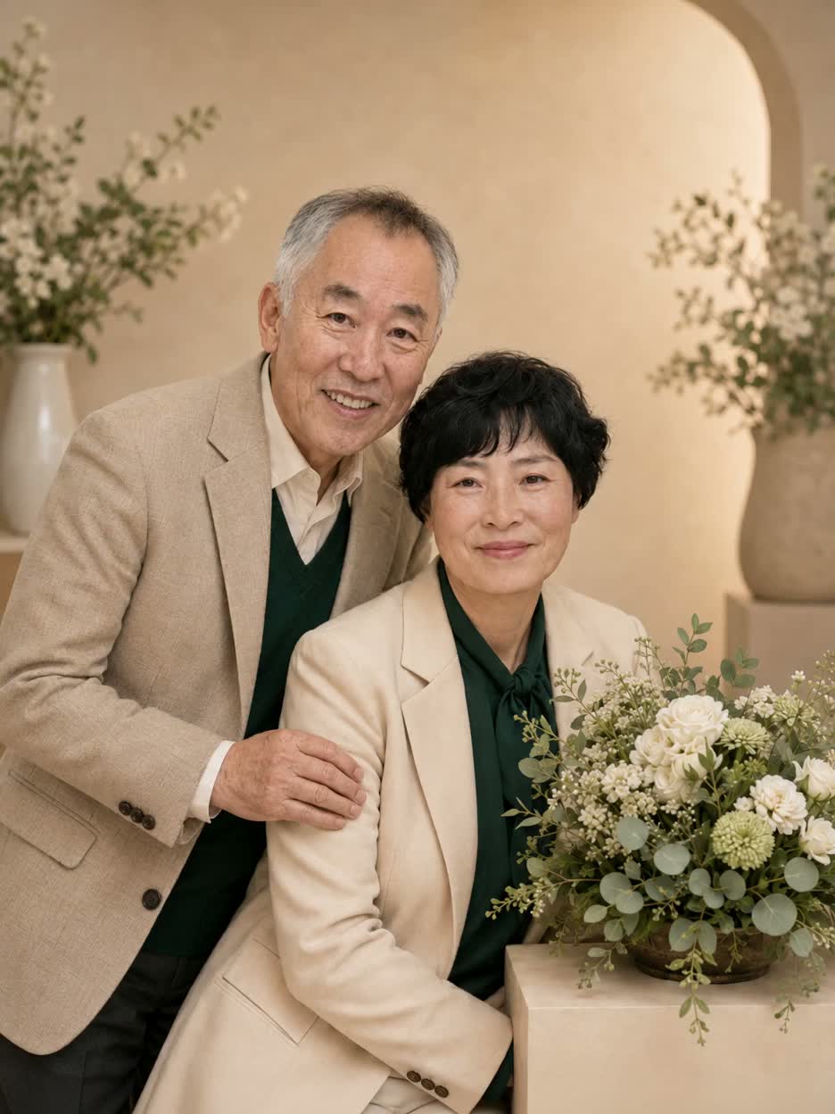 나란히 앉아 웃고 있는 노년의 부부